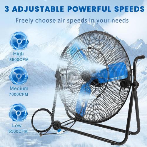 24 Inch Industrial Floor Fan High Velocity 8500 CFM Heavy Duty Outdoor Misting Fan with Aluminum Blades, 360  Adjustable Tilt Metal Fans for Workshop Patio Warehouse Factory Garage - UL Listed