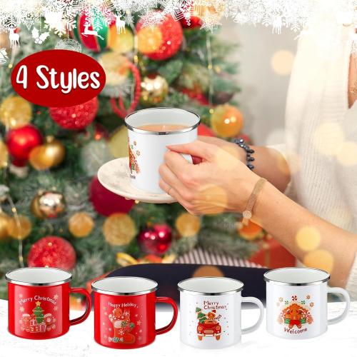 Zhehao 4 Pcs Christmas Mini Coffee Mug 8.5 oz Christmas Mugs Enamel Cup Gingerbread Coffee Cup with Handle Portable Camp Small Holiday Enamel Tea Cups for Indoor Outdoor Home Women Gifts