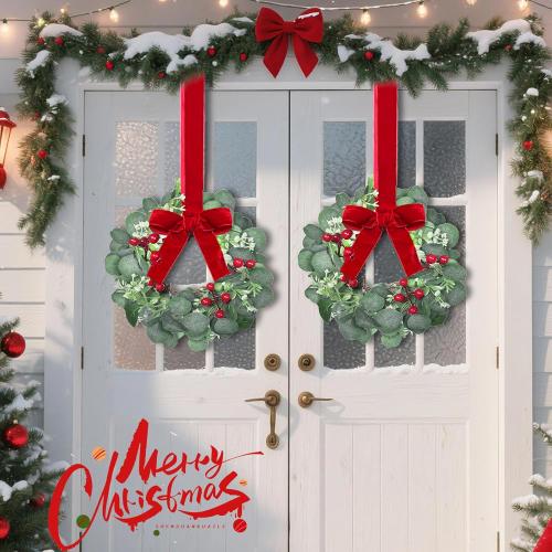 12 Pack 12 Inch Mini Christmas Wreath Small Christmas Kitchen Cabinet Wreaths with Red Bow Eucalyptus Leaves Flowering Boxwood Branches Red Berry Xmas Wreaths for Windows Door Wall Stairs Home Decor