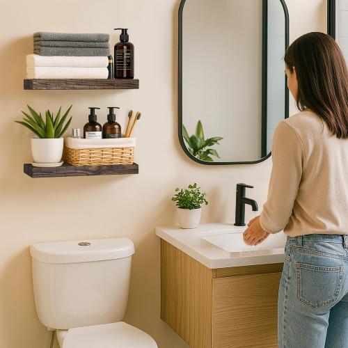 BGMG Floating Shelves 16 inch Long, Distressed Rustic Wooden Wall Shelves for Bathroom Living Room Bedroom Kitchen Farmhouse Set of 2-16x6.7x1.25 inch-Distressed Walnut