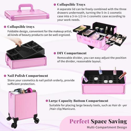 Rolling Makeup Train Case Large Storage Cosmetic Trolley 5 in 1 Large Capacity Trolley Makeup Travel Case with Key Swivel Wheels Salon Barber Case Traveling Cart Trunk, Pink