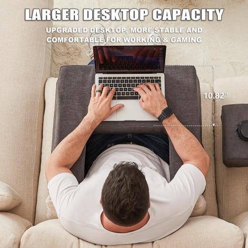 Lap Desk Pillow for Laptop, Large Reading Pillow for Adult, Arm Rest Pillow with Cup Holder, Memory Foam Bed Desk for Working, Gaming, Reading, Laptop Desk for Couch Bed Floor(Grey)
