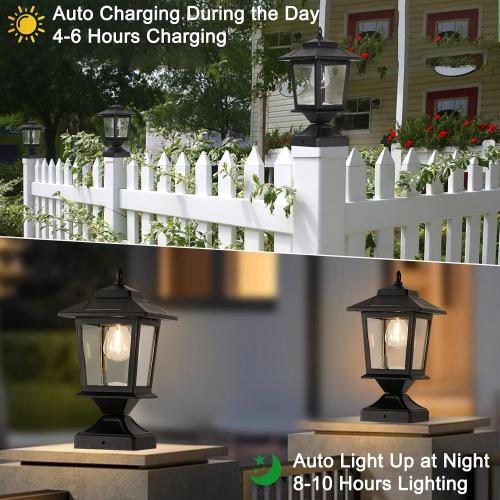 Derynome Solar Post Cap Lights,Waterproof Outdoor Light for 4x4 Wooden Posts, Solar Lights with Glass Shade for Deck Fence Patio Post Decor,Matte Black (2 Pack)