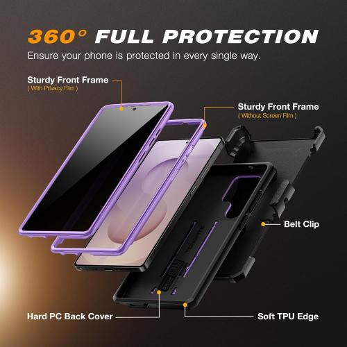 TONGATE for Samsung Galaxy S25 Ultra Case, [with Privacy Screen Protector & Slide Camera Cover] [2 Front Frames] Full-Body Heavy Duty S25 Ultra Case with Stand & Belt Clip Holster, Purple Privacy