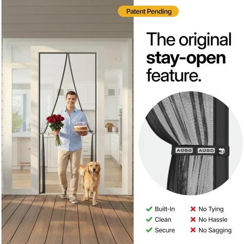 AUGO Magnetic Screen Door - Self Sealing, Heavy Duty, Hands Free Mesh Partition Keeps Bugs Out - Pet and Kid Friendly - Patent Pending Keep Open Feature - 38 Inch x 97 Inch