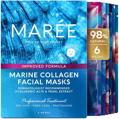 MAREE Collagen Facial Mask with Hyaluronic Acid — Sheet Face Mask Skincare — Centella Asiatica, Green & Red Algae Extract — Hydrating Facemask For Women Skin Care — Mascarillas Para La Cara — 6 Count