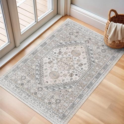 zesthome 10x14 Entryway Rug, Soft Washable Rugs, Non Slip Area Rug, Stain Resistant Low Pile Rugs for Bedroom, Vintage Rug for Door Mat, Kitchen (Beige,10x14)