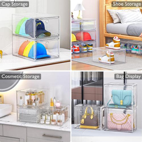 Thickened Clear Shoe Storage Organizer with Magnetic Door, Sturdy Stackable Shoe Boxes for Closet, Collapsible Space-Saving Shoe Rack for Sneakers & Boots, Plastic Shoe Cabinet Box Set, 6 Pack, White