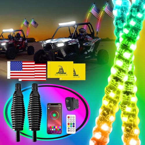 2PCS 3FT Whip Lights with Upgraded Spring Base, Spiral RGB Chasing Led Whip Lights for Side by Side, APP & Remote Control Music Led Whips with Rocker Switch for UTV ATV RZR SXS Can-Am