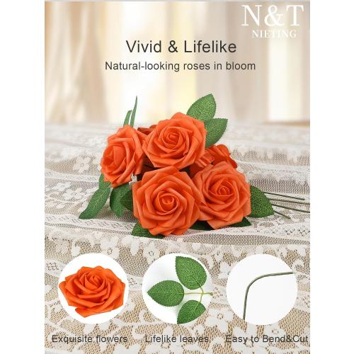 N&T NIETING Artificial Flowers, Fake Flowers Burnt Orange Roses Perfect for DIY Wedding Bridal Bouquets Centerpieces Bridal Shower Party Home Fall Flower Arrangement Decorations, 50Pcs