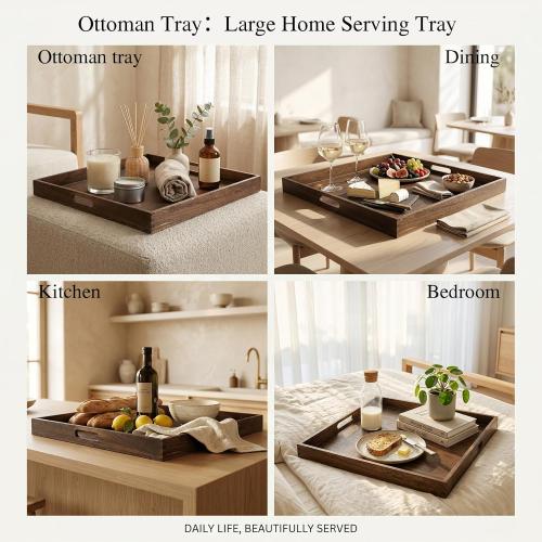 22 Inch Wooden Ottoman Tray with Handles Rustic Farmhouse | Large Decorative Serving Tray for Coffee Table Centerpiece Living Room Home Decor