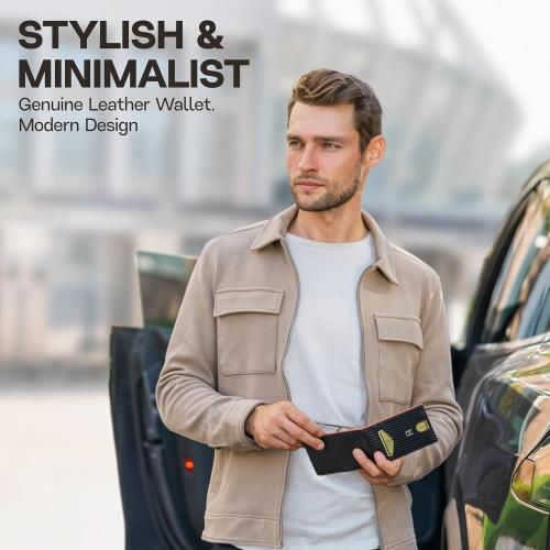 Slim Wallet for Men with Money Clip, Leather RFID Blocking Mens Wallet, Minimalist Credit Card Holder, Front Pocket Bifold - Gift Box Included (Money Clip, Carbon Orange)