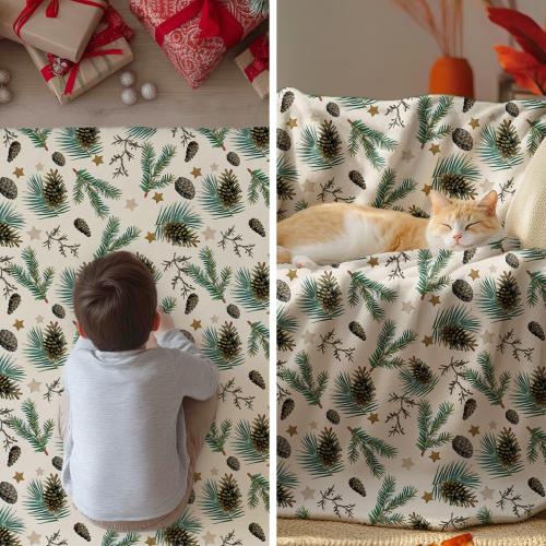 Horaldaily Christmas Flannel Blanket Throw, Holly Pine Cone Soft Fuzzy Plush Cozy Fleece Blankets for Couch Sofa Bed Lounging, Ideal Gifts for Kids Adults Wife Self, 50x60