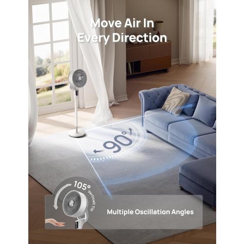 DREO Fan for Bedroom, 2026 Upgraded, 90ft Airflow, 20dB Quiet Fan, 90° Oscillating Standing Fan for Whole Room, DC Motor, 8 H Speeds, 3 Modes, 38-42'' Adjustable Height, 8H Timer, 105° Manual Vertical