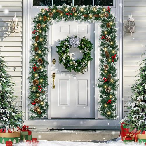 9 FT Christmas Garland with Lights,Battery Operated Lighted Garland with Pine Cones Red Berries Lush Branches,50 LED Lights 8 Modes,Christmas Decor Mantle Fireplace Indoor Outdoor Home