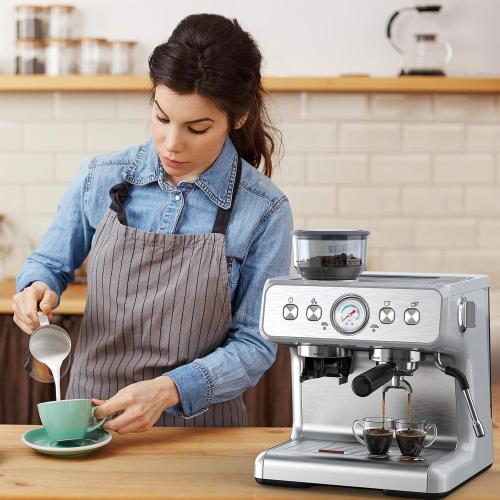 Espresso Machine with Grinder, Stainless Steel 20 Bar Semi-Automatic Expresso Coffee Machines, Featuring a Milk Frother, Steam Wand, Removable Water Tank for Latte, Macchiato, Cappuccino