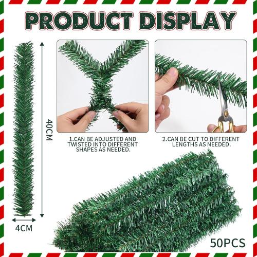 50pcs 16Inch Christmas Garland Ties for Banister Staircase - Artificial Pine Needles Faux Pine Stems Twist Green Ties for Fixing Craft Gift Wrapping Decorations