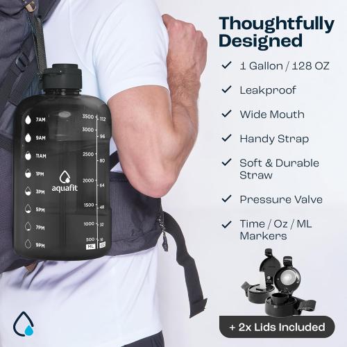 Size 1 gallon Color Grey  AQUAFiT 1 Gallon Water Bottle with Time Marker - Straw & Chug Lid - BPA Free Gym Water Bottle with Straw - Big Gallon Jug (Gray, 128 oz - 2 Lids)