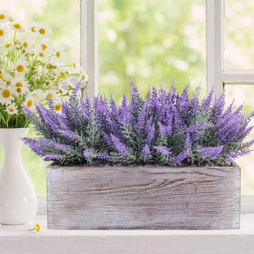 Fake Lavender Flower Arrangement in Rustic Rectangular Wood Planter Box Artificial Potted Lavender Plant for Gifts Farmhouse Wedding Centerpiece Kitchen Windowsill Table Shelf Indoor Greenery Decor