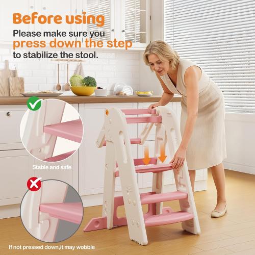 Onasti Folding Toddler Kitchen Tower, Kids Kitchen Step Stool for Learning with Movable Safety Rail, Non-Slip Surface, Easy Assembly for Parents & Grandparents-Pink