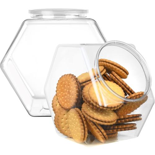 DilaBee 2-Pack Plastic Cookie Jar 1.5 Gallon (197oz) - Large Cookie Jar, Hexagon Candy Dish with Lid for Kitchen, Candy Bowl for Office - Sugar and Flour Containers, Plastic Jar with Labels - BPA-Free