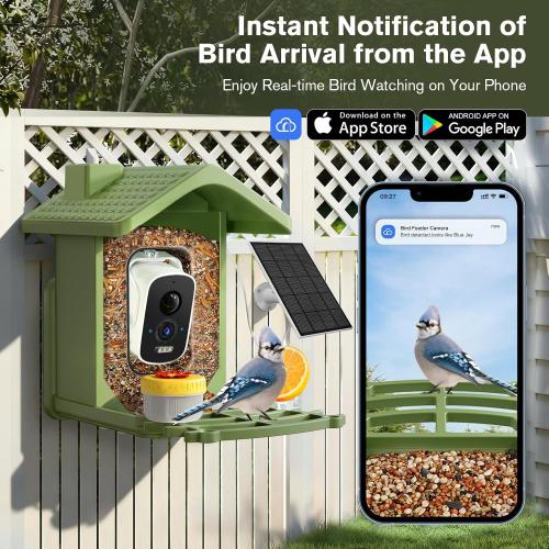 Smart Bird Feeder with Camera Solar Powered, AI Birds Species Identification, 2.5K HD Video Bird House with Camera for Outside, Weatherproof Design Ideal Gifts for Valentine's Day, Bird Lovers, Green