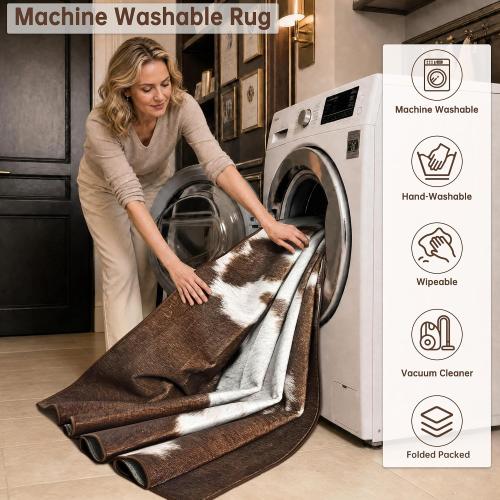 Foxmas Cow Print Rugs for Living Room Bedroom, 8x10 Washable Non-Slip Low Pile Indoor Floor Rug, Carpet for Dining Room Kitchen Office Western Home Decor, Brown