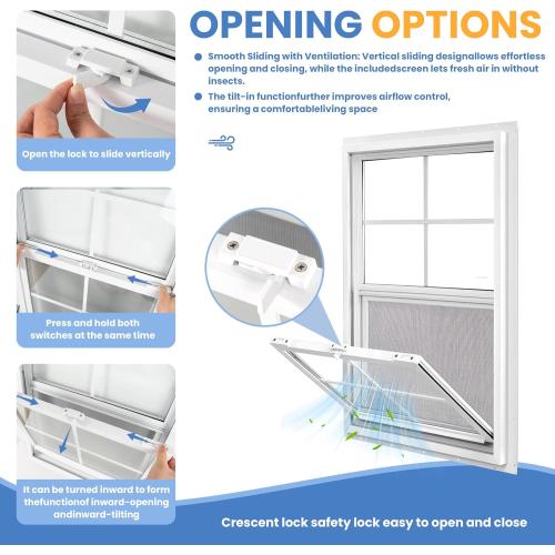Vinyl Single Hung Window, 18 x 27 Household Sliding Window with Double-Pane Insulated Tempered Glass, Lower Tilt Sash Screen Included Window for House, Mobile Home (White)
