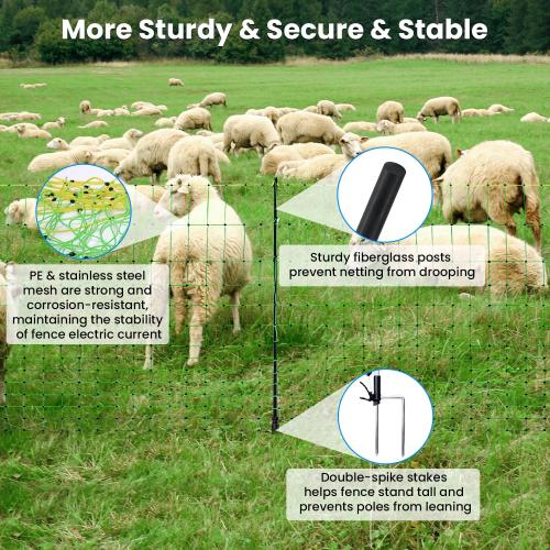 Size 42.5x 164 Color Green Electric Fence Netting, 42.5 H x 164'L, Electric Netting Fence for Cattle, Sheep, Goat, Hogs, Pre-Assembled, 14 Posts Double Spiked, Portable Livestock Nets Used in Backyards, Farms and Ranches