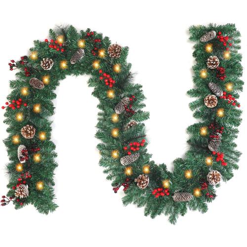 9FT Christmas Garland，Battery Operated Lighted Garland with Pine Cones Red Berries Lush Branches，50 LED Lights 8 Modes，Christmas Decorations
