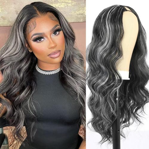 Body Wavy V Part Wig For Women Water Curly Black With Grey 24 Inch