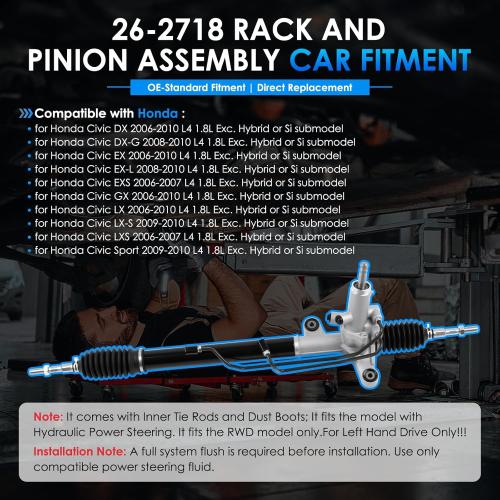 26-2718 Hydraulic Power Steering Rack and Pinion Fit for Honda Civic 2006-2010 1.8L Automotive Replacement Rack & Pinion Assembly 53601SNAA02, 53601SNAA51, 53601SNAA61