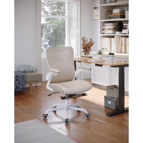 MUXX.STIL Office Chair, PU Leather Ergonomic Desk Chair with Adjustable Lumbar Support and Flip up Armrest, Breathable Mesh Computer Chair for Home Office, Khaki