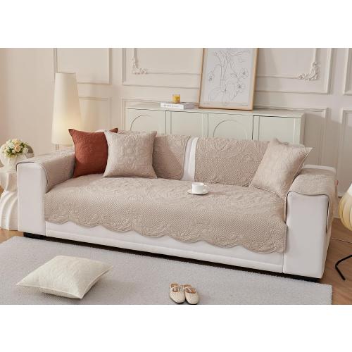 Luxury Vintage Cotton Embroidery Sofa Cover Soft Farmhouse Seat Cushion Cover Floral Quilted Sectional Couch Cover Anti-Slip Sofa Slipcovers Furniture Protector for Dogs Cats (Khaki,36x82)