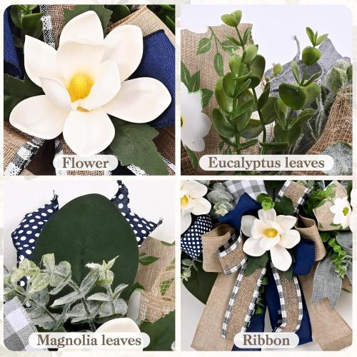 Waipfaru 22 Inch Spring Summer Wreath, Magnolia Wreaths for Front Door with Eucalyptus & Blue Grey Burlap Bow, Year Round Wreaths for Porch Farmhouse Patio Door Decor All Season (1 Pcs)