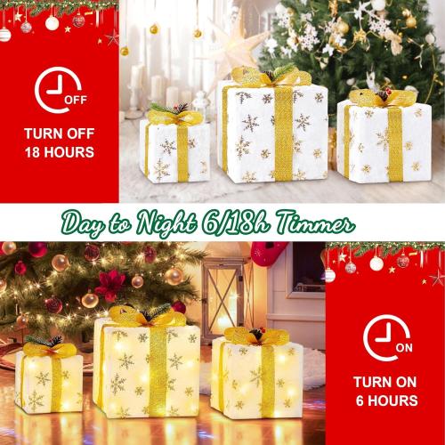 Set of 3 Christmas Lighted Gift Boxes, Plush Pre-lit 70 LED Light Up Present Boxes with Gold Snowflake, Battery Operated Christmas Decorations for Indoor Home, Housen Solutions
