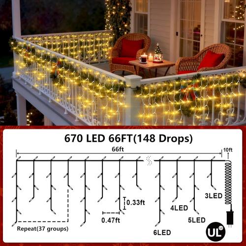 670 LED Christmas Lights Outdoor, 66ft Warm White String Lights Indoor with 148 Drops 12 Modes, Dimmable Curtain Window Lights, Waterproof Twinkle Fairy Lights with Timer for Christmas Decorations