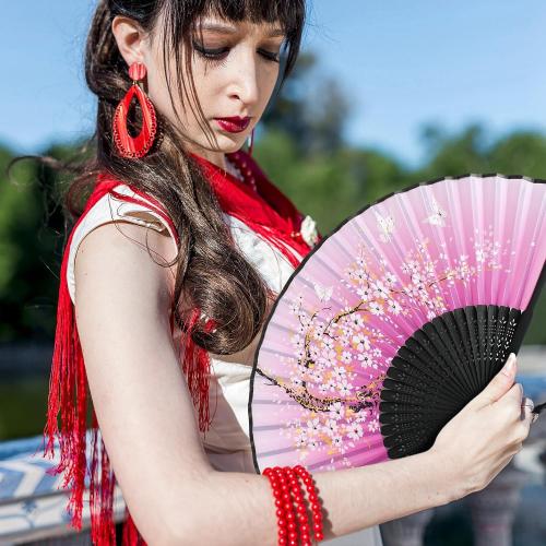 Zonon 4 Pack Handheld Floral Folding Fans Hand Held Silk Bamboo Fans with Tassel Women Hollowed Hand Foldable Fan with Fabric Sleeve for Dancing Wedding Decoration Gifts(Chic)