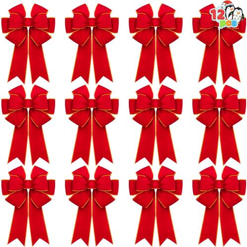 JOYIN 12 PCS Christmas Red Velvet Bows 14 x 12, Large Xmas Golden Edged Red Velvet Bow Tree Decor for Christmas Home Wreath Decoration