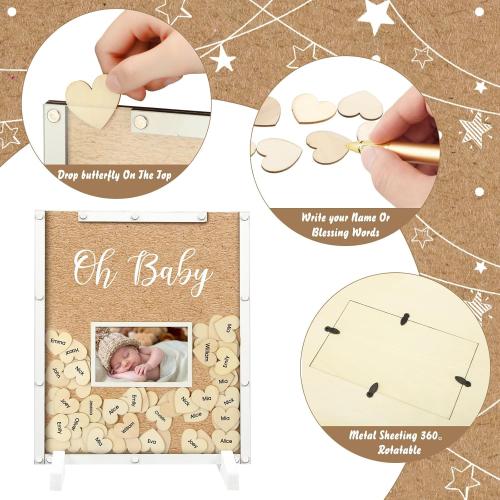 Thyle 65 Pcs Baby Shower Guest Book Alternative He or She Gender Reveal Baby Shower Favors Baby Shower Sign in Guest Book with 60 Wooden Hearts Baby Shower Picture Frame Birthday Decor(Kraft)