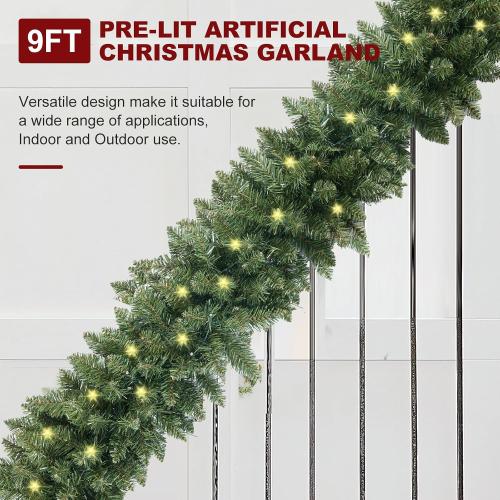 9FT Pre-Lit Artificial Christmas Garland with Dual Color LED Lights and Timer by Remote Control and Batteries Operated, Holiday Decorations, for Indoor Door Home Stairs Fireplaces Wall