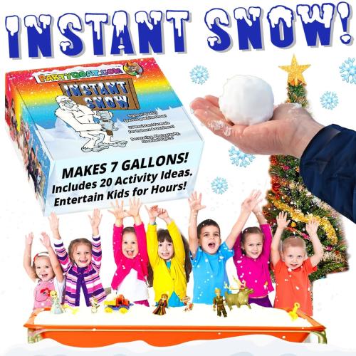 PARTY GOAT Instant Snow Powder for Sensory Play & Decor. 18oz Makes 7 Gallons of Fake Snow. Up to 400 Aritifical Snowballs. Outdoor & Indoor use. Just Add Water. Magic Fun for Kids