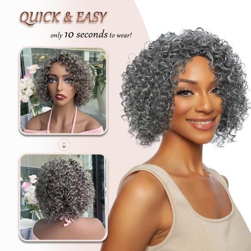 HUA Grey Wig for Women Human Hair Glueless Kinky Curly Salt and Pepper Wigs for Black Women Short Curly Wear and Go Glueless Wig for Old Lady Non-Lace Bob Gray Wigs Human Hair Mixed