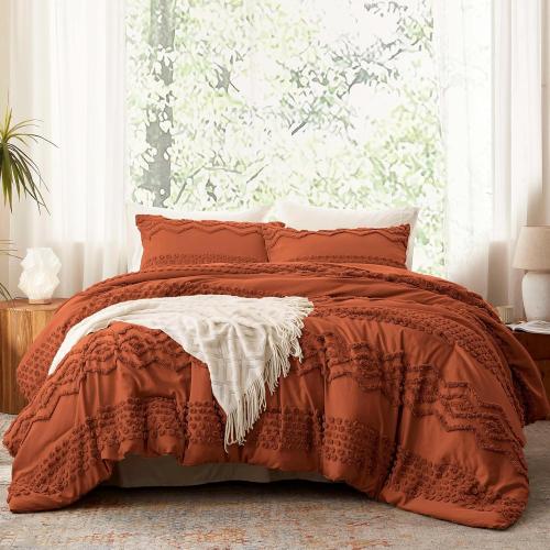 Luxudecor Terracotta Boho Tufted Comforter Set Boho Shabby Chic Comforter Farmhouse Embroidery Bedding Set Soft Comforter for All Seasons (Terracotta)