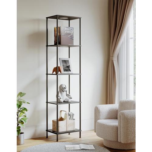 Display Shelf with RGBW Light, Color Changing Curio Cabinet Floor Lamp with Shelves Corner Standing Column Lamp Etagere Organizer Tower Nightstand Bookcase for Living Room Bedroom Office Décor Black