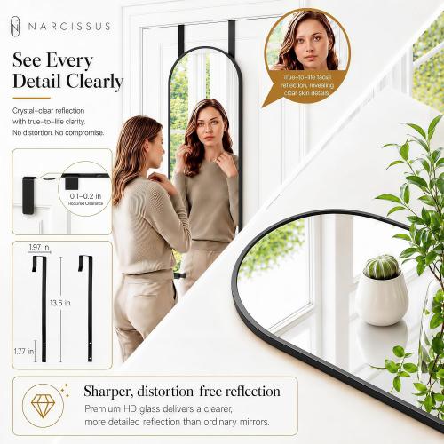 NARCISSUS Over the Door Full Length Mirror 47x14 Inch, Wall Mounted Dressing Mirror, Door Hanging Full Body Mirror HD Reflection Glass for Bedroom, Aluminum Alloy Frame Black
