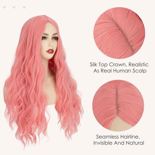 S-noilite Long Pink Wavy Wig Middle Part for Women 27 inch Long Curly Wavy Pink Wig Natural Looking Synthetic Hair Colorful Anime Cosplay Party Halloween Costume Daily