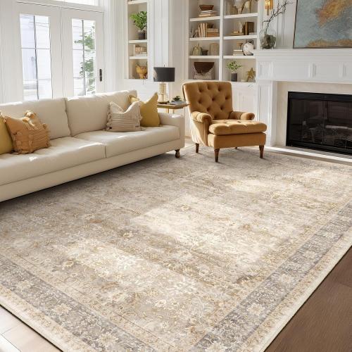Vintage Beige 8x10 Area Rugs for Living Room, Retro Neutral Earth Tone Carpet Rug for Bedroom Dining Room, Low Pile Thin Washable Non Slip Room Rug for Home Office Playroom Family Room