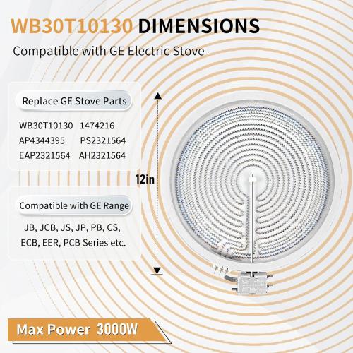 UPGRADED WB30T10130 12 Dual Haliant Surface Element Replacement for GE Stove, AP4344395 12/9 Dual Radiant Surface Element, PS2321564 12 inch Burner Replace AH2321564 1474216