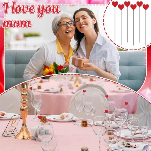 Qinyoung 20 Pcs Mothers Day Cocktail Picks Stainless Steel Red Heart Pick 4.7 Metal Food Toothpicks Reusable Decorative Food Picks Cocktail Skewers Mother's Day Gifts Wedding Birthday Party